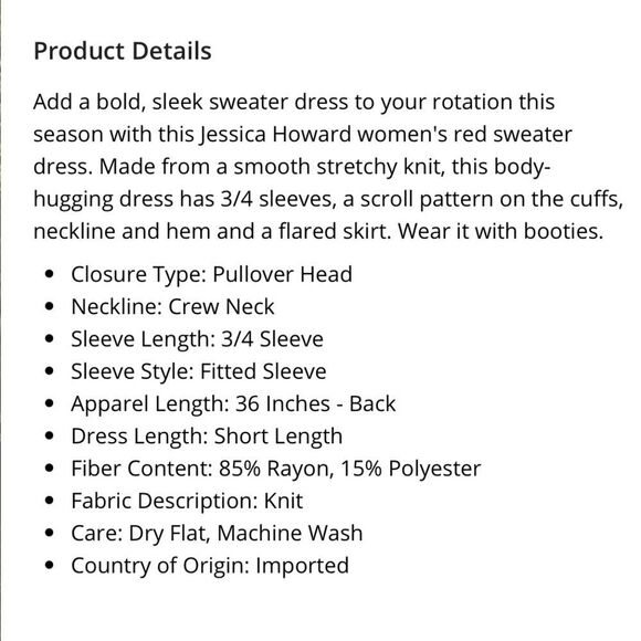 NWT SZ S Jessica Howard 3/4 Sleeve Red w/Black Scroll Sweater Dress - Picture 6 of 11